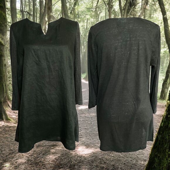 J.Jill Love Linen Dark Green Knit Mixed Media A-Line Slits  Linen Tunic Size M - Picture 2 of 11